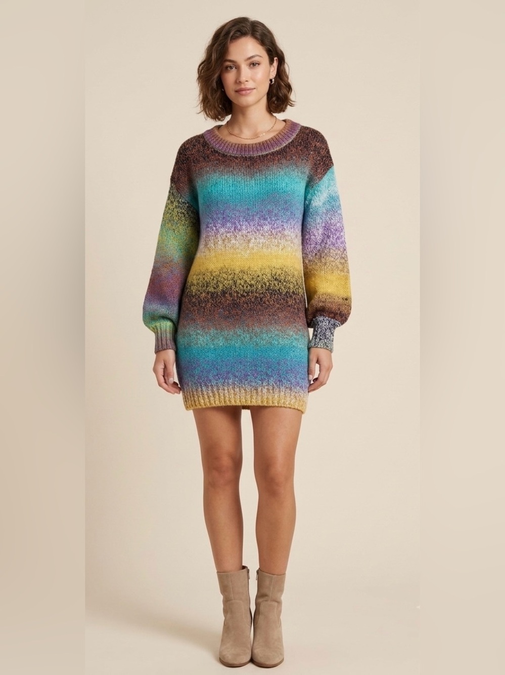 Ramy Brook Darla Space-Dyed Ombré Knit Sweater Dress – Colorful Cozy Mini Dress